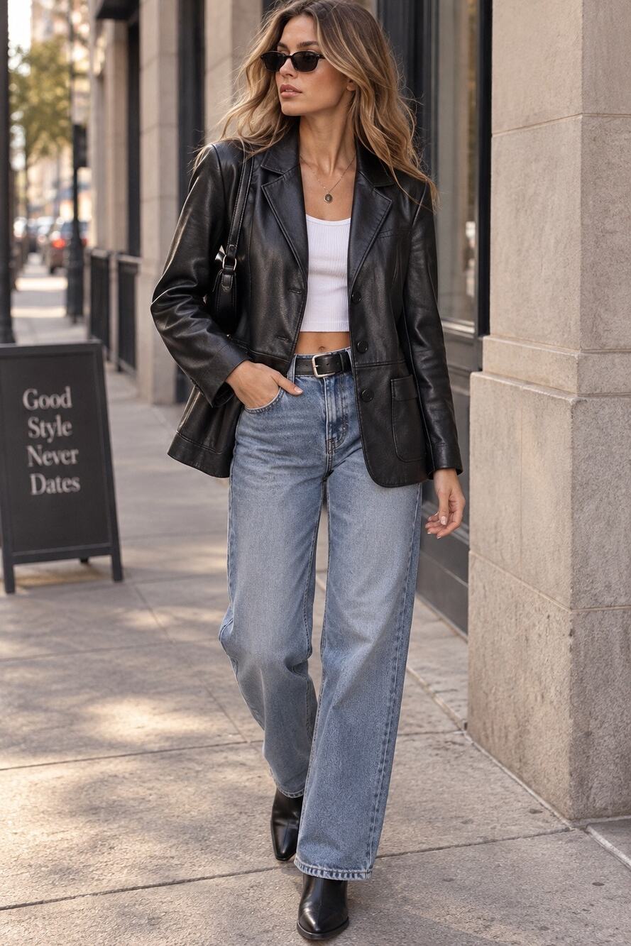 Valerie Stevens Black Lamb Leather Blazer Jacket S Tailored 90s Y2K Minimalist